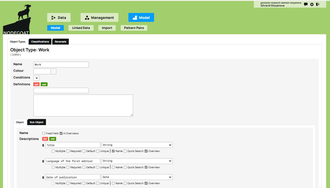 The object type Work and its three attributes (title, language of the first edition, date of publication)