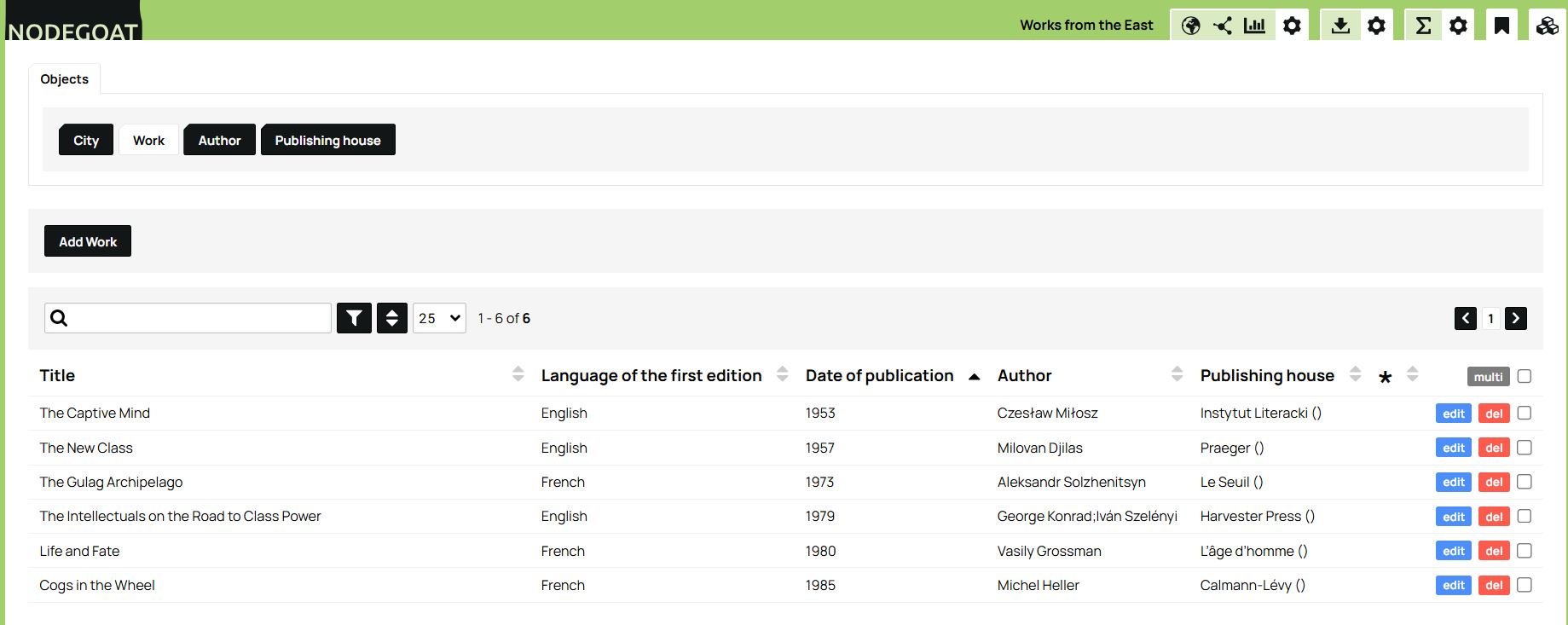 A table giving an overview of the works in our database with relevant information distributed in five columns, namely the title, the language of the first edition, the date of publication, the author, and the publishing house