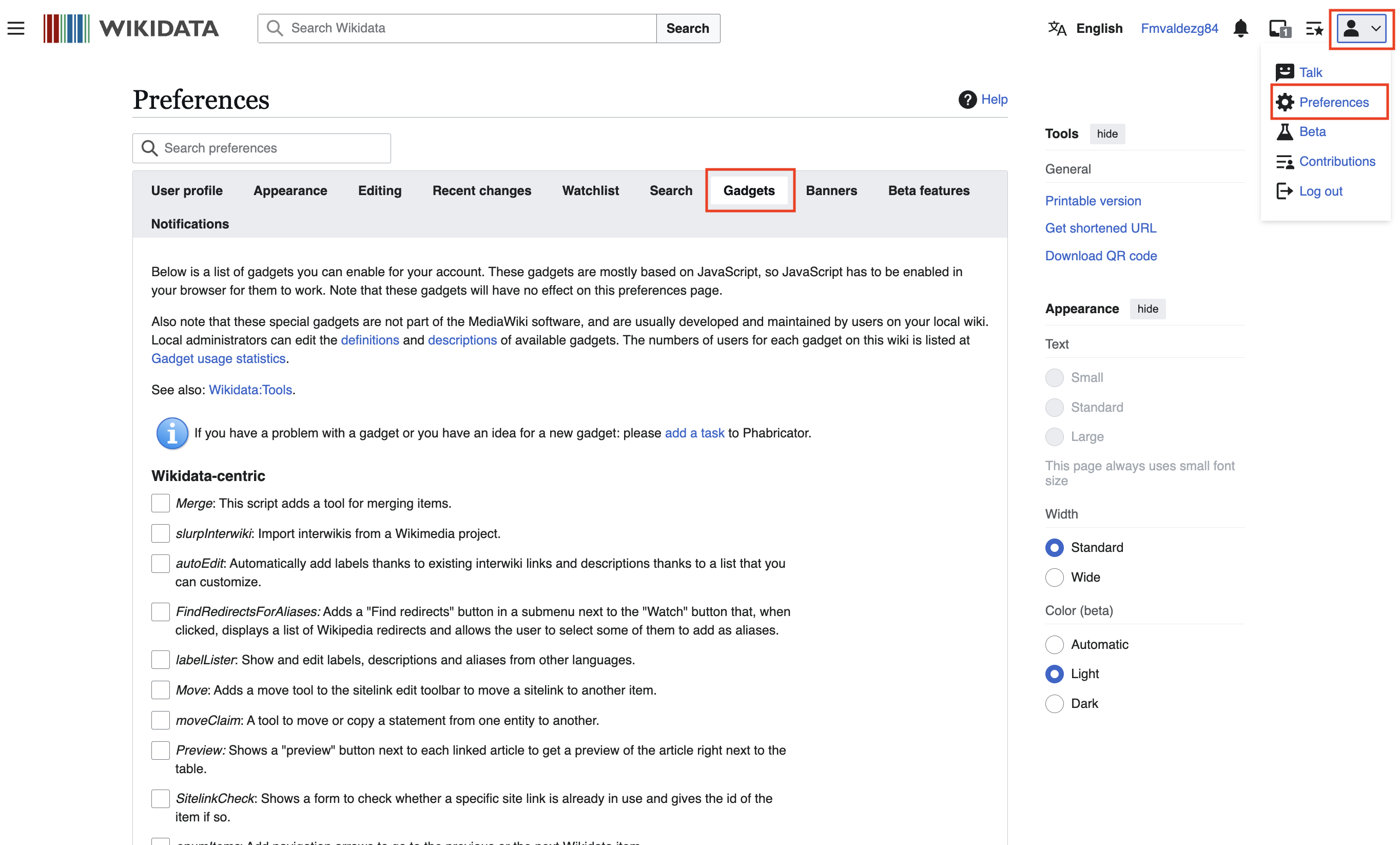 Preferences menu for registered users showing the 'Gadgets' section to use accessories or tools.