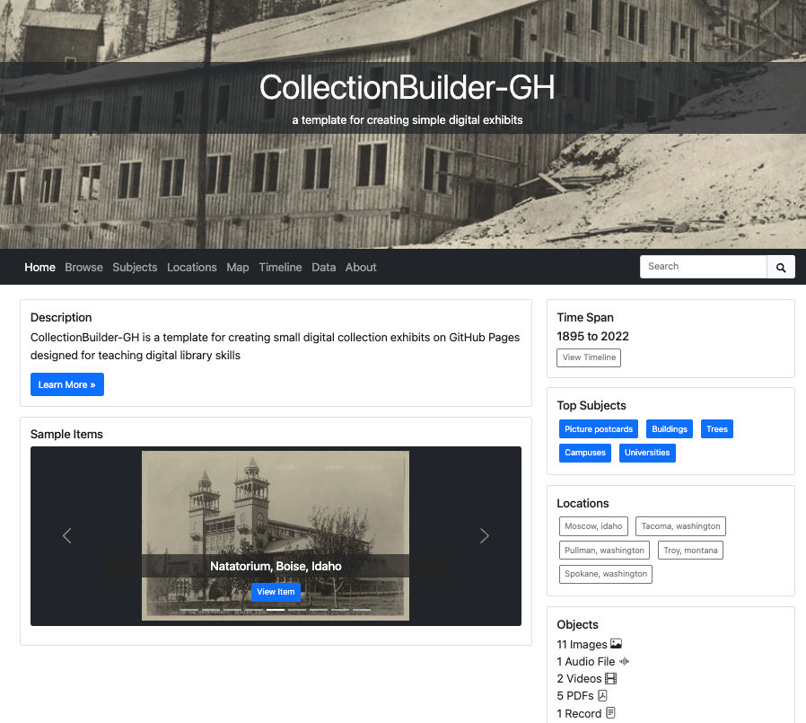 Screenshot of the front page of a CollectionBuilder-GH demo site.