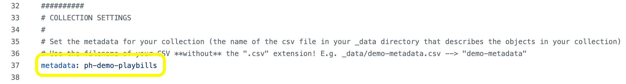 Screenshot of the relevant section of the config.yml file showing where to point CollectionBuilder to your metadata file.