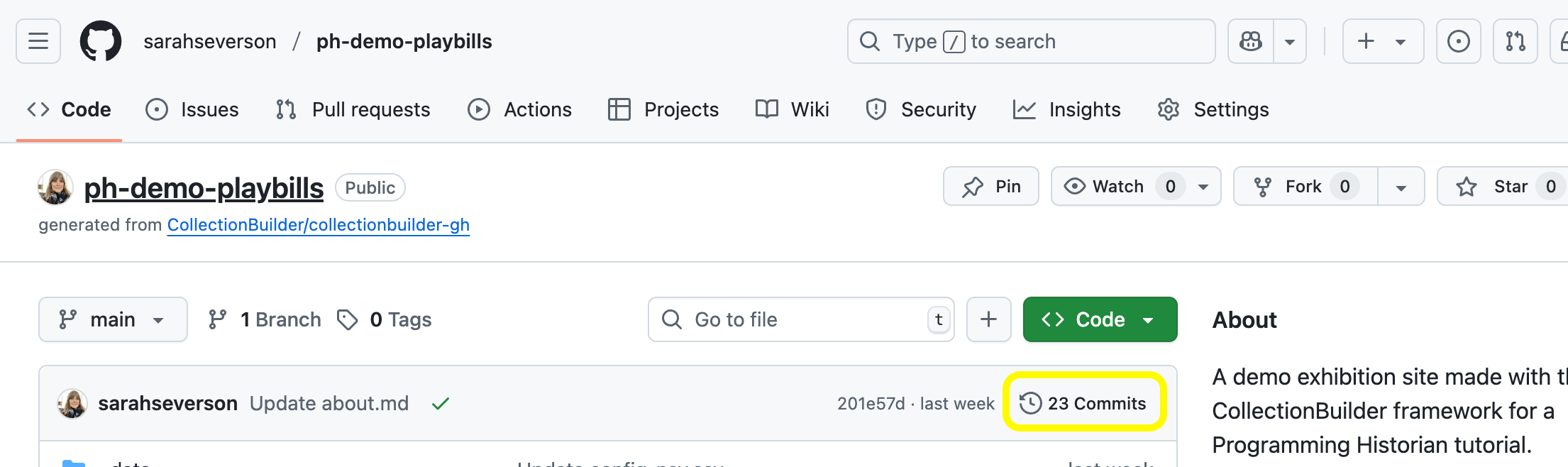 Screenshot of GitHub demo repository page with the _Commits_ link highlighted, which you can use to check the status of your commits.