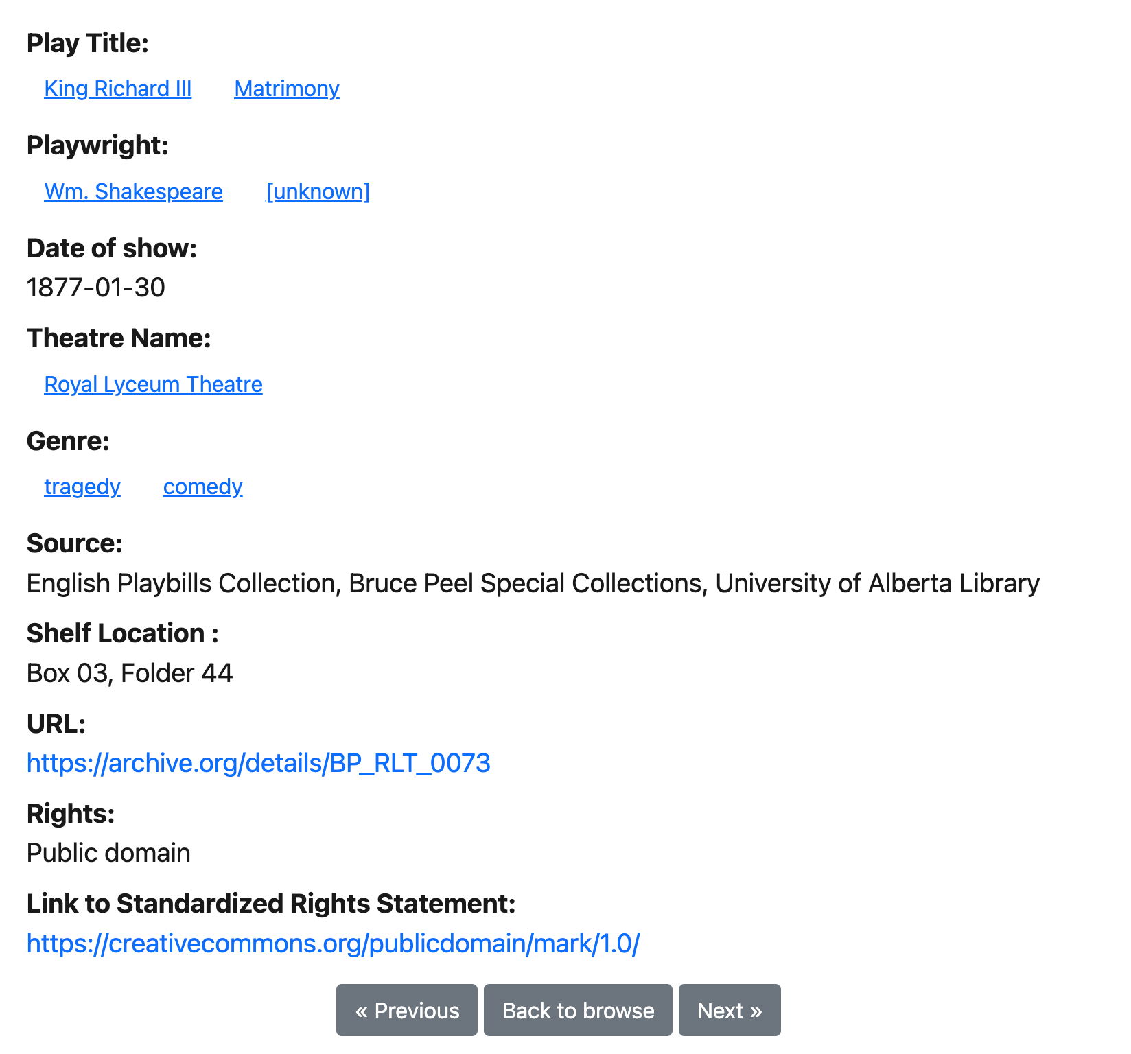 Screenshot of the metadata section of the demo exhibition.